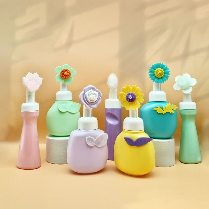 180ml 200ml 300ml 350ml Flower Foam Pump Bottle Cute Children Foaming Pump Dispenser Cosmetic Bottle Pump Foam Transfer with Flower Brush