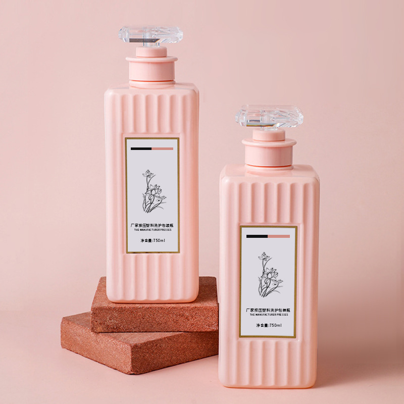 500ml 750ml Square Plastic Pet Lotion Pump Bottle With Stripe Shape Surface for Hair Oil Shampoo and Conditioner Cosmetic Container