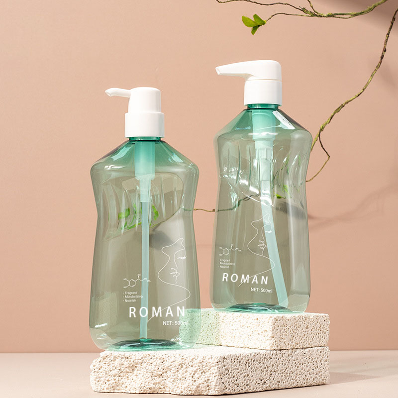 Empty 500ml Slim Waist PET Plastic Lotion Bottle Innovative Cute Transparent Green Shampoo Bottle With Lotion Pump